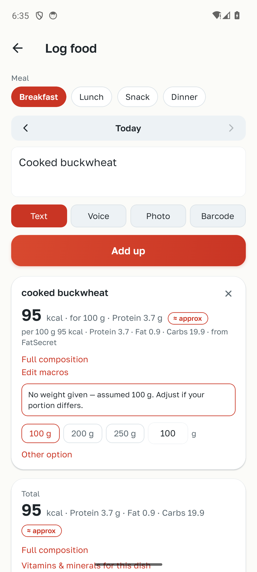 Meal review showing portion size, nutrition values and their source